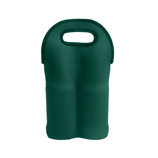 A green neoprene double beer bottle carrier with a handle for easy carrying and a sleek design.