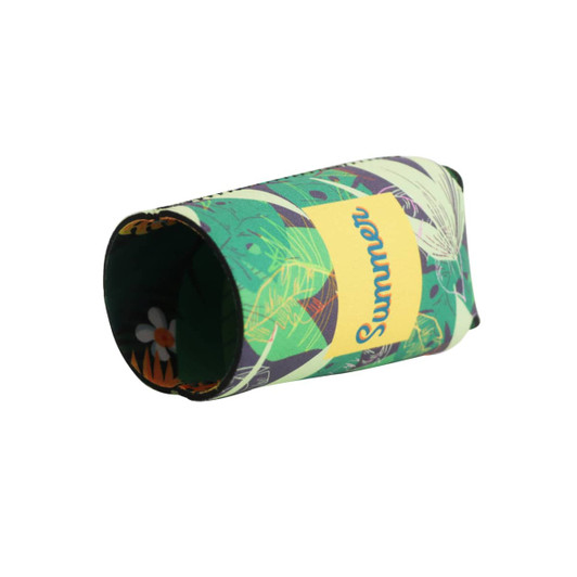 A green and patterned reversible foldable stubby holder with a logo. Features vibrant tropical designs.