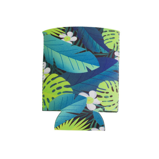 A drink bottle holder featuring a vibrant tropical leaf and flower design in green and blue, with a logo.