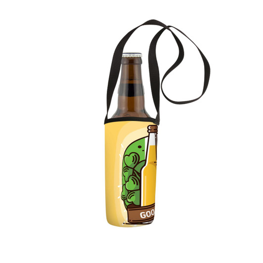A drink bottle holder with a lanyard, featuring a colourful design and a logo, in shades of yellow and green.