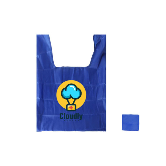 A blue reusable shopping bag featuring a logo with a cloud and a medical cross. It folds neatly for easy storage.