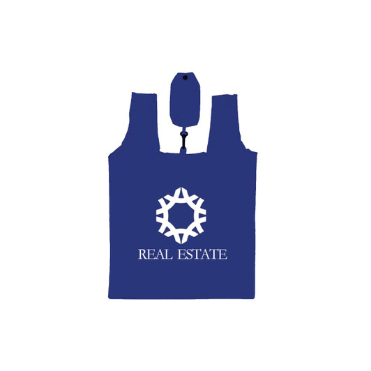 A blue foldable shopping tote bag featuring a logo and a closure mechanism at the top.