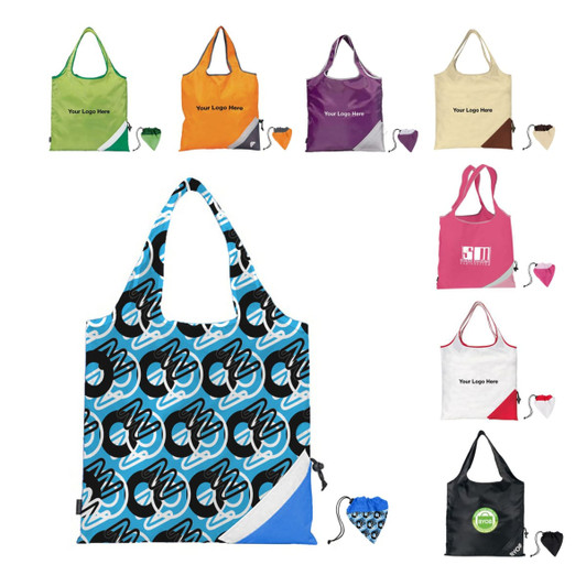 A variety of foldaway shopping bags in multiple colours, featuring different designs and a storage pouch for compactness.