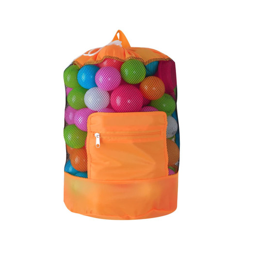A foldable mesh drawstring backpack in orange, filled with colourful plastic balls, featuring a zippered pocket.