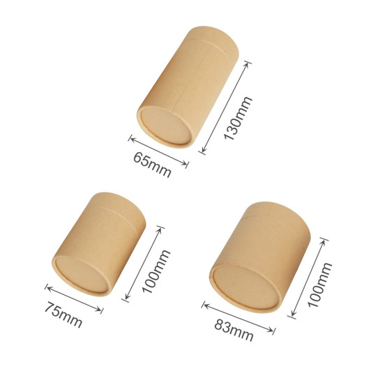 Three brown paper cylinder boxes in varying sizes, featuring a smooth finish and a subtle branding logo.