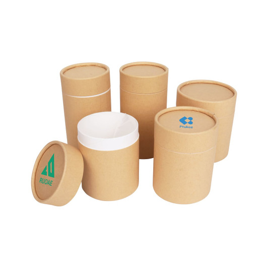 A group of five large paper cylinder boxes in a natural brown colour, with various lid designs and logos.