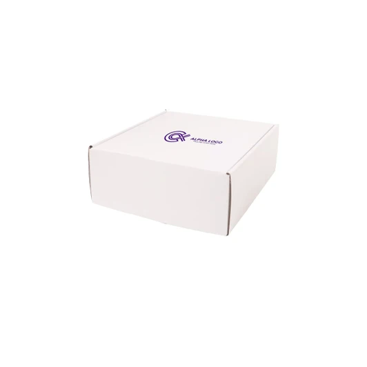 A large white shipper box with a logo printed on the lid.