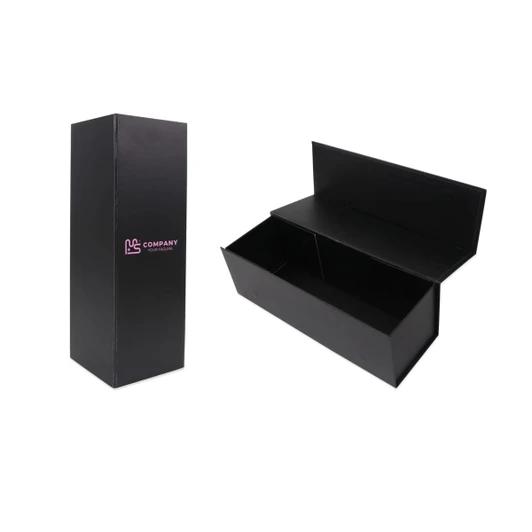 A black foldable magnetic wine box, open to reveal the interior compartment, featuring a logo.