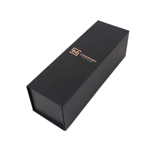 A black foldable magnetic wine box with a logo, designed to hold a single bottle.