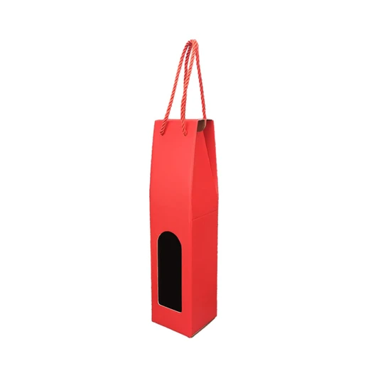 A red single bottle wine box with a rope handle and a clear viewing window on the front. Features branding on the side.