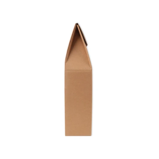 A portable wine box in a light brown colour, featuring a pointed top and a simple design. Contains branding.
