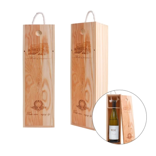 A wooden wine box in natural finish with a rope handle, designed to hold a single bottle. Contains a logo.