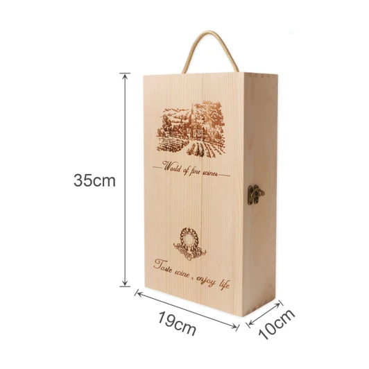 A wooden wine box in a light wood colour, featuring a handle and decorative engraving. Dimensions are 35cm x 19cm x 10cm.