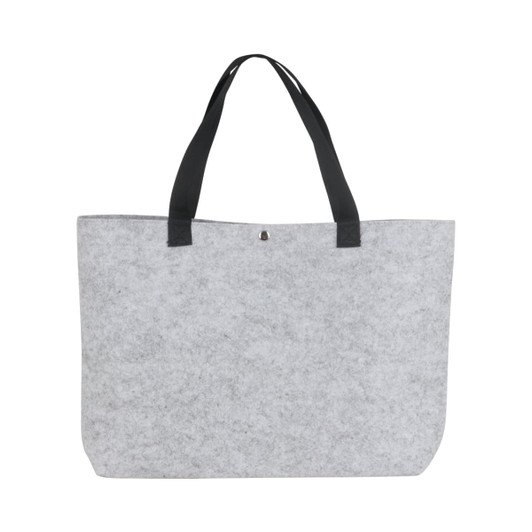 A grey felt shopping bag with black handles, featuring a simple design and a small fastening detail.