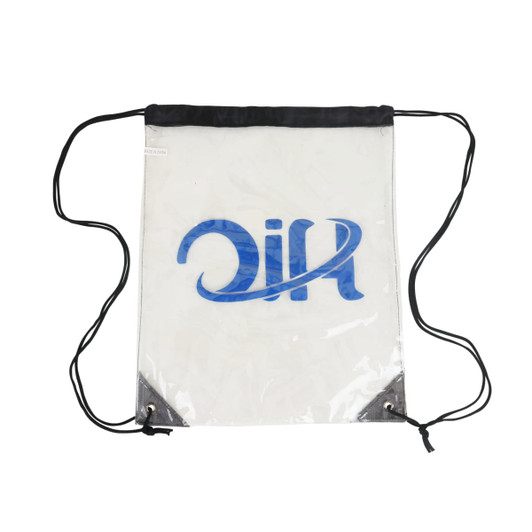 A clear PVC drawstring bag with a black top and logo, featuring two black cords for carrying.