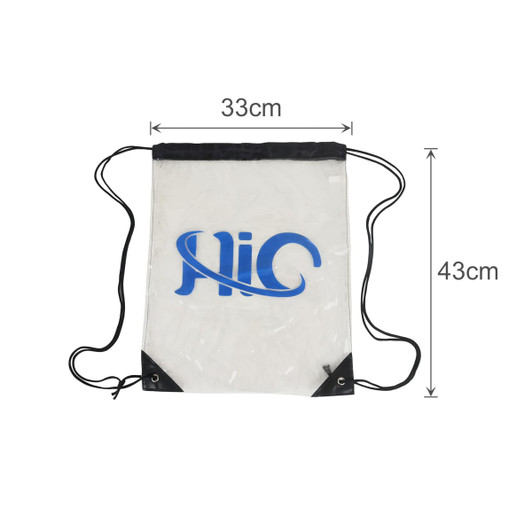 A clear PVC drawstring bag with black edges and a logo, measuring 33cm by 43cm.