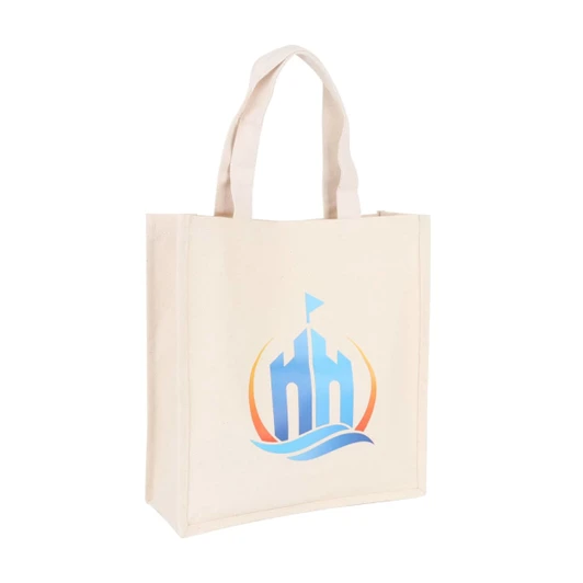 A cream-coloured cotton tote bag with a logo featuring a stylised building and wave design.