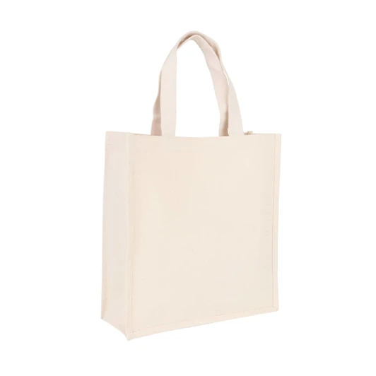 A beige cotton tote bag with two handles and a plain design. It has a logo on one side.