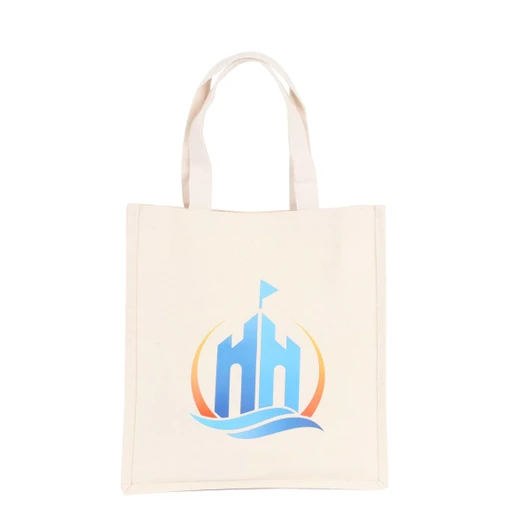 A cream cotton tote bag featuring a logo in blue and orange tones, with two sturdy handles.
