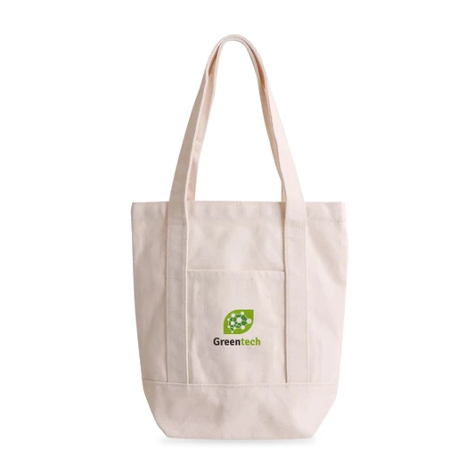 A heavy-duty tote bag in natural canvas with two sturdy handles and a front pocket, featuring a logo.