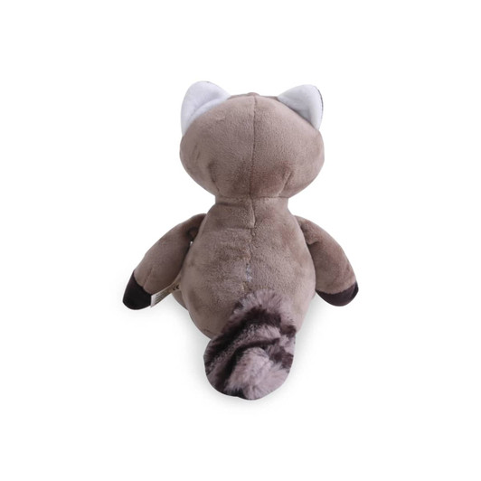 A plush raccoon toy in shades of grey and brown, featuring embroidered eyes and ears.