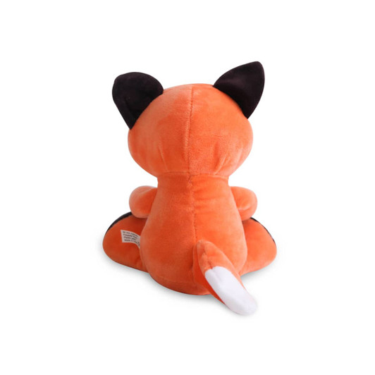 An orange fox plush toy with black ears and a white-tipped tail, sitting upright, featuring a logo on its side.
