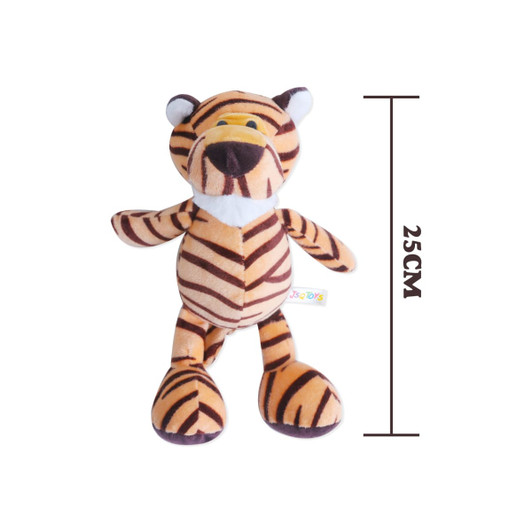 A plush tiger toy in orange and brown stripes, featuring a friendly face, standing 25 cm tall. It has a branding label.
