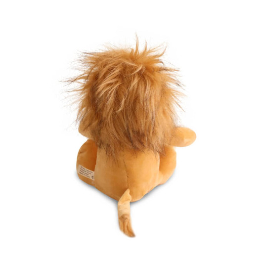 A plush toy lion in warm orange tones with a fluffy mane, shown from the back. It has a small tail and ears.