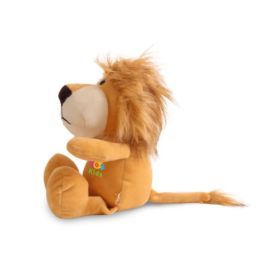 A plush lion toy in shades of tan and brown, featuring a fluffy mane and a small logo on its side.