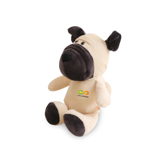 A plush dog toy in cream and black with a soft texture and a logo on its body. Suitable for fun and games.
