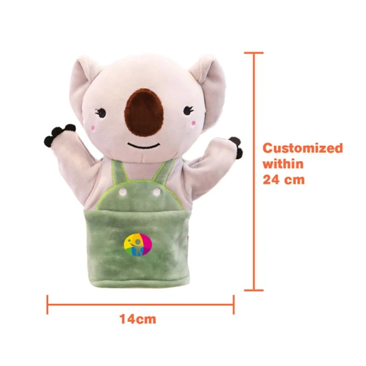 A plush hand puppet featuring a koala design, primarily in grey with green overalls and a colourful logo.