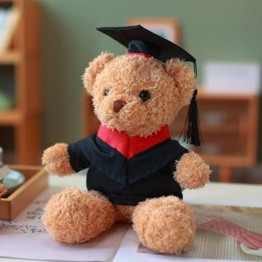 A plush teddy bear wearing a black graduation gown and cap with a red collar, seated on a table.