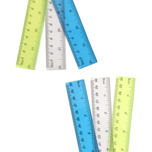 A set of dual scale rulers in green, yellow, and blue, featuring clear measurement markings and a logo.
