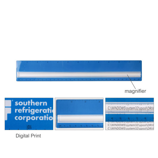 A blue 30cm magnifying ruler featuring a central magnifier and a logo, designed for office use.