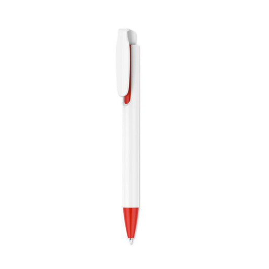 A pen with a creamy white barrel, featuring a red clip and tip, and it has a logo on the barrel.