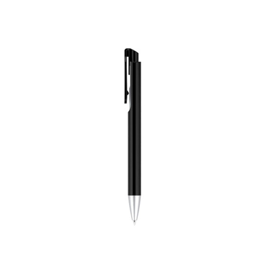 A black plastic pen with a silver tip and clip, featuring a logo on the barrel.