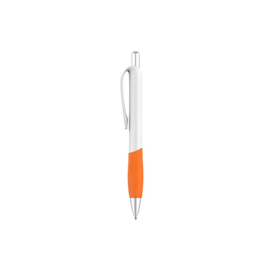A plastic pen with a creamy white barrel and an orange grip, featuring a logo on the side.