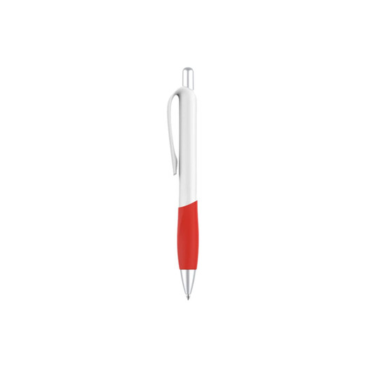 A plastic pen featuring a creamy white barrel and a red grip, with a clip and a logo.