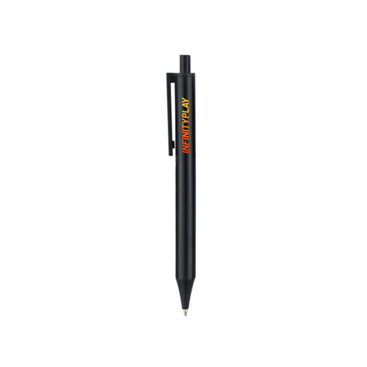 A black plastic click pen with a clip and a logo printed on the side.