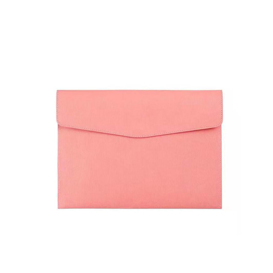 A PU leather A4 file bag in a soft pink shade, featuring a flap closure and a smooth texture, with a branding logo.
