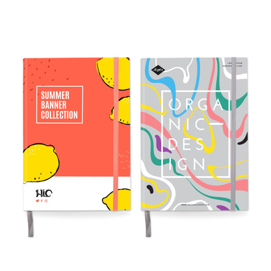 A5 full colour cardboard cover notebook featuring vibrant designs in red, yellow, and multi-coloured abstract patterns.