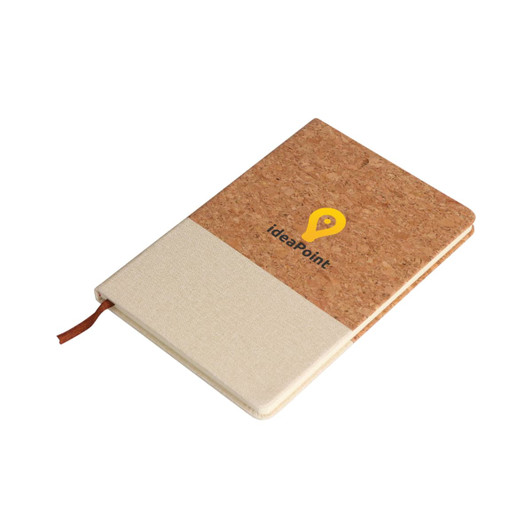 A natural cork and cotton A5 notebook in beige and light brown, featuring a logo on the cover.