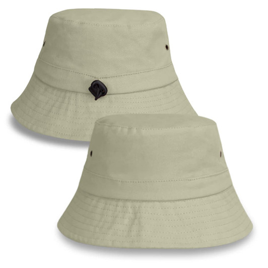 A light khaki bucket hat with a wide brim and a logo on the side. Features ventilation holes for breathability.