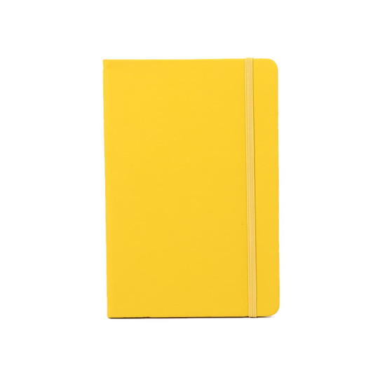 A yellow PU A6 notebook with a soft cover and an elastic band closure, featuring branding on the cover.