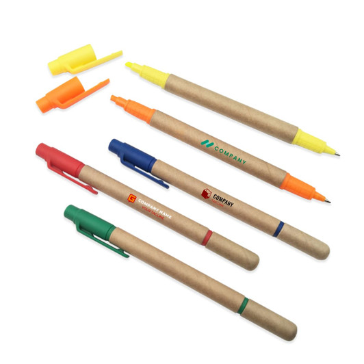 A collection of paper tube highlighters and pens in yellow, orange, blue, red, and green, featuring various branding.