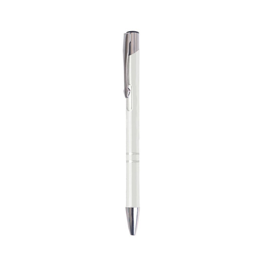 A metallic click pen in white with silver accents, featuring a logo on the clip.