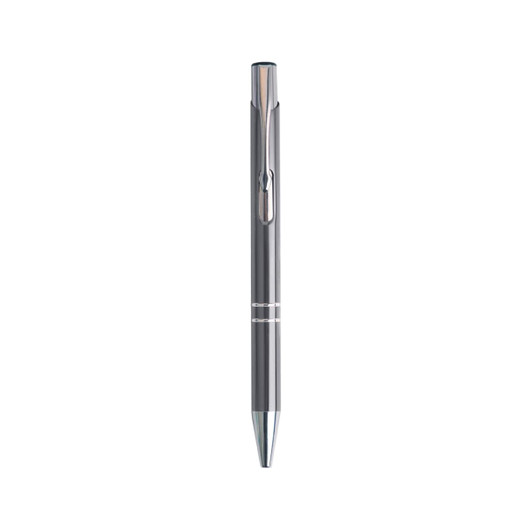 A metallic silver aluminium click pen with a clip and a shiny finish, featuring a logo.
