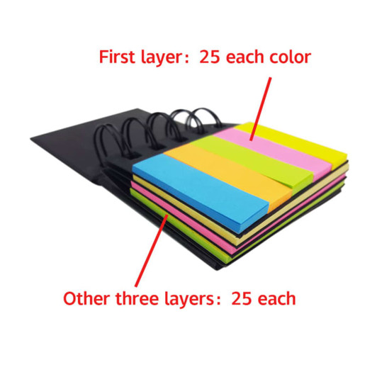 A 4-layer recycled sticky notepad featuring blue, pink, yellow, and green notes, bound with a black cover and rings.