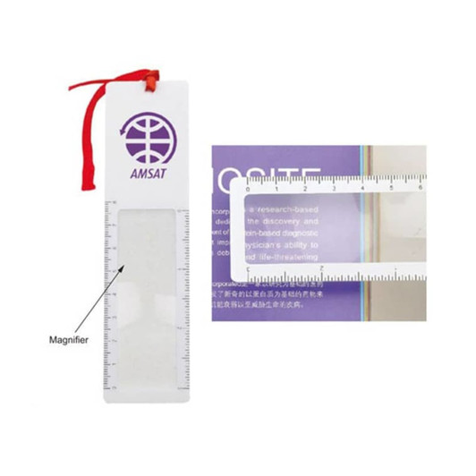 A white magnifying bookmark ruler with a red ribbon, featuring a magnifier and measurement markings.