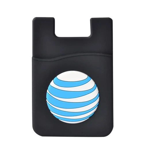 A black moulded smart wallet with a circular blue and white design, featuring a logo on the front.